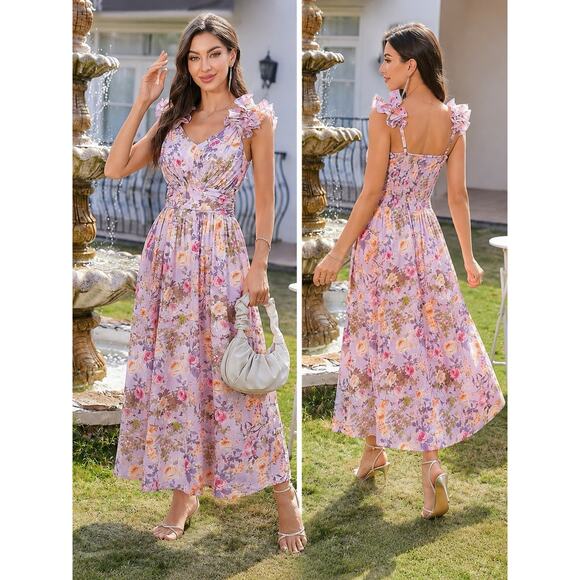 Grace Karin Dresses & Skirts - Grace Karin Purple Floral Ruffle Maxi Dress XL Wedding Guest Garden Party